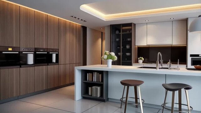 Showcase penthouse modern kitchen with elegant island design. luxury condo interior