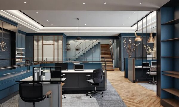 Modern, elegant office space with dark blue accents.