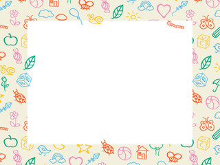 Fun cute frame of kids pattern colorful stickers, icons. Hand drawn doodles sketch children's elements. Сhildren's draw style design elements. Text box