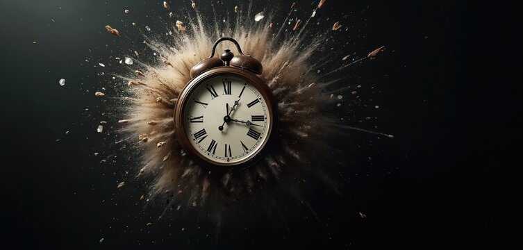 Illustration of retro clock exploding. Concept of time, urgency, deadline. Represents passing moments, wasted hours. Breaking point, change, end, digital art. Suitable for design, web, print,