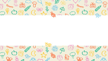 Fun cute frame of kids pattern colorful stickers, icons. Hand drawn doodles sketch children's elements. Сhildren's draw style design elements. Text box