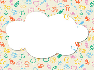 Fun cute frame of kids pattern colorful stickers, icons. Hand drawn doodles sketch children's elements. Сhildren's draw style design elements. Text box