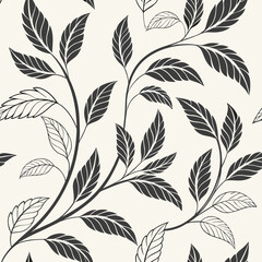 Monochrome leaves forming a seamless elegant pattern for textile