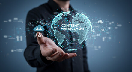 Content Management. Hand of man holding a global digital network connection, data-driven content distribution platform integration, cloud-based collaboration enhancing efficient workflow management