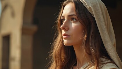 Portrait of Mary Magdalene, biblical figure with head covered in cloth. Sunlight highlights face, looking to side. Symbol of faith, repentance. Christian religion, catholicism, gospel stories,