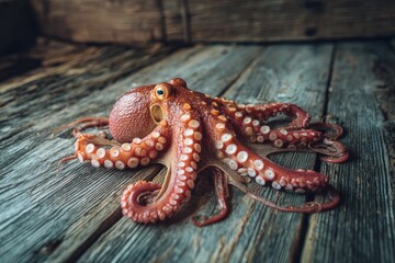 Close-up of a freshly caught octopus on a rustic wooden table