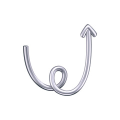 3D chrome doodle arrow in Y2K style, isolated on a dark background. Render of 3D chrome liquid curve and swirl arrow, rotating up, down, and right with a metal silver effect. 3D vector Y2K figure