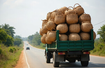Truck fully loaded with woven baskets travels along road in Benin, West Africa. Transportation of goods through rural countryside. Big cargo vehicle on summer tour. Travel destination, logistic,