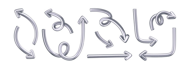 3D chrome doodle arrow set in Y2K style, isolated on a dark background. Render of 3D chrome liquid curve and swirl arrows, rotating up, down, and right with metal silver effect. 3D vector Y2K figure