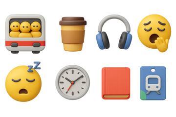 3D icon set of morning commute: packed train, to-go coffee, headphones, sleepy emoji, station clock, book, transit pass, yawning face. 3d icon. Generated icons set of 3d style in a modern design.
