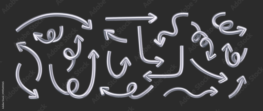 Wall mural 3d chrome doodle arrow set in y2k style, isolated on a dark background. render of 3d chrome liquid c