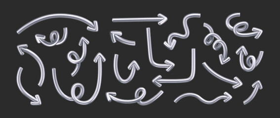 3D chrome doodle arrow set in Y2K style, isolated on a dark background. Render of 3D chrome liquid curve and swirl arrows, rotating up, down, and right with metal silver effect. 3D vector Y2K figure