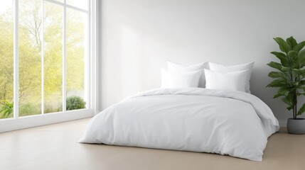 Bright, minimalist bedroom with a view