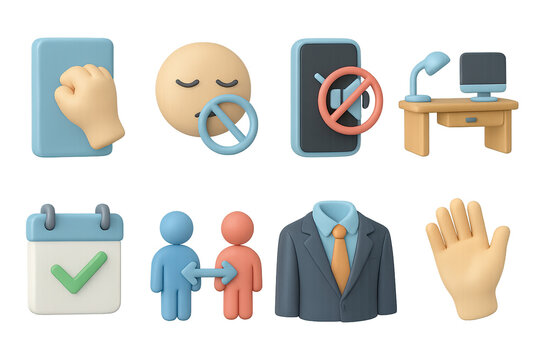 3D icon set of office etiquette: knock icon, quiet sign, phone on silent, clean desk, calendar check, shared space icon, dress code, greeting wave. 3d icon. Generated icons set of 3d style in a