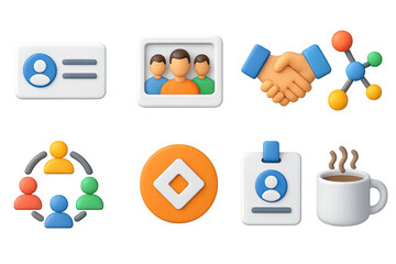 3D icon set of office networking: business card, team photo, handshake icon, connection map, intro circle, company logo, badge icon, coffee meetup. 3d icon. Generated icons set of 3d style in a