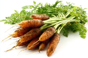 Freshly harvested carrots with green tops, displaying their vibrant orange color and the texture of garden soil against a clean, white background.
