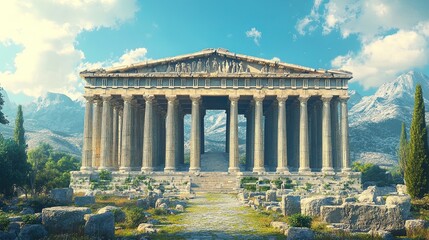 Fototapeta premium Ancient Temple Ruins with Mountain Backdrop