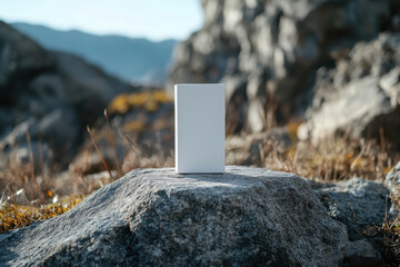 White box on rock ledge, overlooking vast canyon. Blue sky and mountains in background. Horizon glows with golden sunlight.