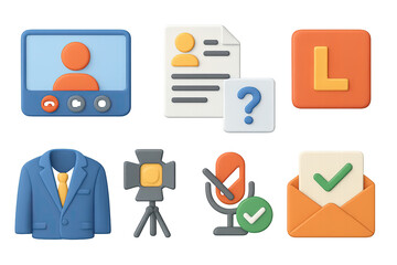 3D icon set of online streaming: webcam, microphone, ring light, gaming chair, subscriber button, joystick, live chat, streaming overlay. 3d icon. Generated icons set of 3d style in a modern design.