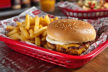Delicious cheeseburger with sesame seed bun and crispy french fries served in a red plastic basket, classic comfort food, fresh fast food, tasty meal on a wooden table