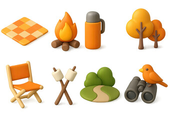 3D icon set of outdoor Thanksgiving: picnic blanket, campfire, thermos, autumn trees, folding chairs, marshmallows, nature trail, birdwatching icon. 3d icon. Generated icons set of 3d style in a
