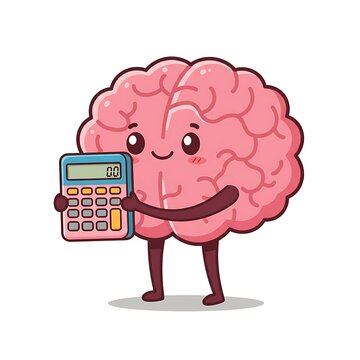 Cute brain character holding calculator problem solving math learning education illustration cartoon