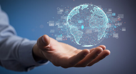 Content Management. Hand of man holding a global digital network connection, data-driven content distribution platform integration, cloud-based collaboration enhancing efficient workflow management