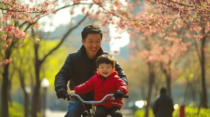 A joyful Japanese father-son duo rides a bike through a blooming cherry blossom park.
