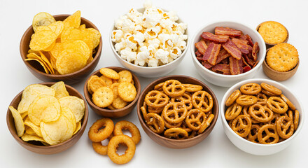 Fototapeta premium A tempting spread of crunchy potato chips, buttery popcorn, crispy pretzels, and savory bacon bits, all nestled in rustic wooden bowls, creating a delightful snack scene.