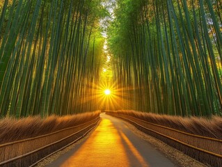 Golden Path: A Serene Journey Through the Enchanting Bamboo Forest with Radiant Sunlight Illuminating the Tranquil Pathway