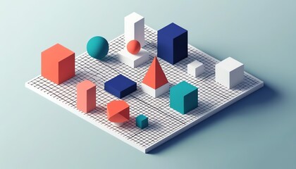 Colorful Geometric Shapes Arranged on Grid Abstract 3D Render for Design Projects