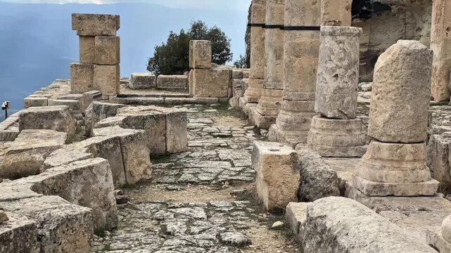 Ancient Temple Floor Leading to Decorated Columns &ndash; Alahan Monastery, Turkey