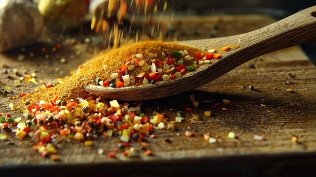 Wooden spoon full of colorful spices.  A blend of herbs and spices falling into a wooden spoon
