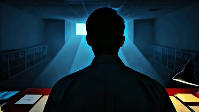 prisoner, Silhouette of a person studying with a table lamp on the desk in a room where sunlight is coming through a small rectangular hole like a prison cinematic camera roll scene dramatic isolation