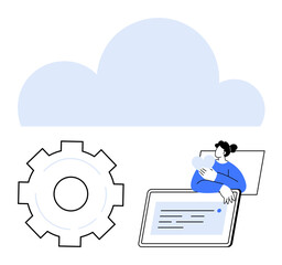 Cloud silhouette above gear, tablet with interface, and user interacting with data. Ideal for technology, cloud computing, data management, automation, teamwork, innovation simple landing page
