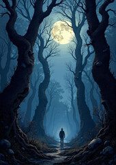 Lonely figure walking through eerie forest under full moon, mystery