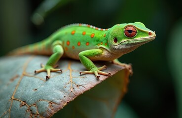 Madagascar Giant Day Gecko Phelsuma grandis rests on a dry leaf. Bright green gecko with red spots. Exotic reptile in natural habitat. Tropical fauna. Wildlife in jungle, nature, detailed close-up.
