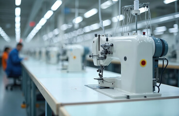 Modern garment factory with multiple industrial sewing machines on long tables. Workers sitting at tables. Manufacturing plant. Clothing industry. Textile business. Production line. Industrial sewing