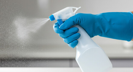Obraz premium A gloved hand expertly spraying a cleaning solution, a fine mist creating a sense of cleanliness and purity against a blurred kitchen background.