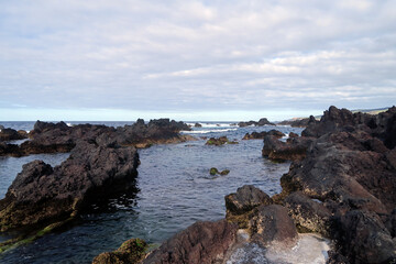 Terceira Island, Portugal. The Biscoitos Natural Pools are a set of Portuguese maritime geological formations. These pools are used as a bathing area. 
