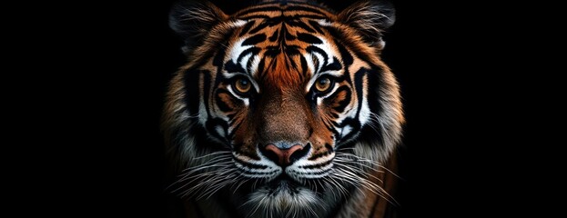 Fototapeta premium Tiger face portrait with dark background showing orange and black stripes.