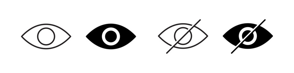 Eye Icons Vector Set, Black Silhouettes with Pupil, Crossed-out Eye for Privacy, Seen/Unseen, Show/Hide, and Vision Symbol Designs on White Background.