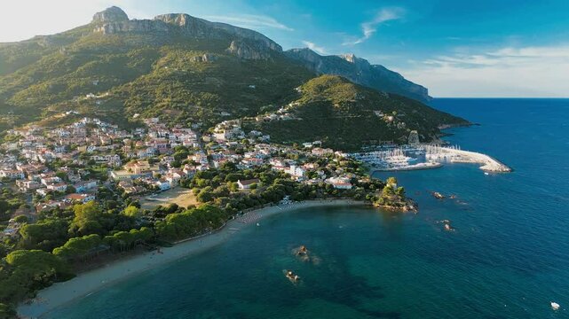 Aerial drone view of the Santa Maria Navarrese beach. Sardinia, Italy