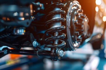 Fototapeta premium The structure of the modern car. Rear suspension. Shock absorber. Spring suspension