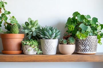 Fototapeta premium Variety of Potted Green Indoor Plants on Wood Shelf, Assorted Houseplants Display