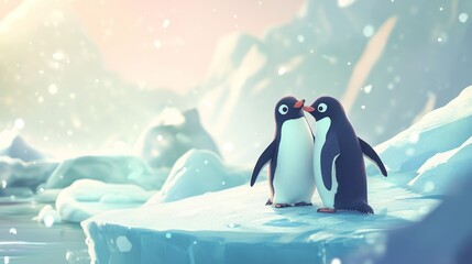 Obraz premium A penguin couple cuddling in an icy landscape, heartwarming moment 
