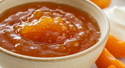 Sun-kissed apricot jam, a taste of summer sunshine captured in a rustic bowl with warm, golden hues.