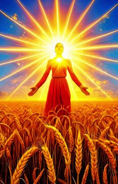 Supernatural woman in wheat field spreading chakra light from head with wide open arms hands, spiritual woman in orange emitting light in corp field mystical energy divine glow