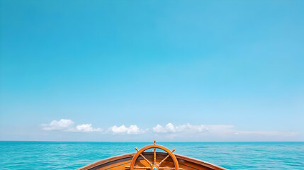 Wooden Boat Rower With Steering Wheel At Calm Ocean