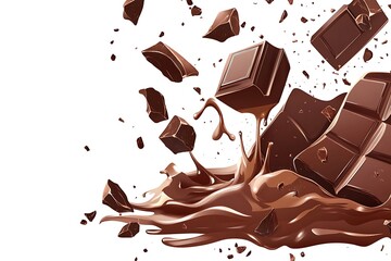 Fototapeta premium Chocolate Chunks with Splash of Melted Chocolate on a White Background, Sweet Design